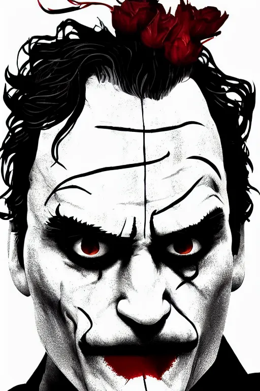 Image similar to joaquin phoenix joker issues 1, sadness, city flame, red flower, copyright by dc, comic book cover, justify content center, delete duplicate content!, violet polsangi pop art, gta chinatown wars art style, bioshock infinite art style, incrinate, realistic anatomy, hyperrealistic, 2 color, white frame, content balance proportion