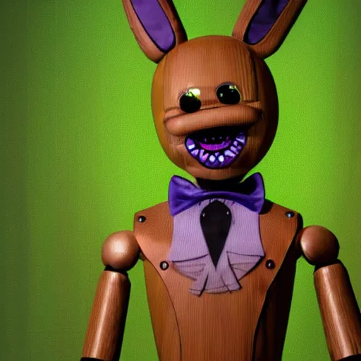 Image similar to a man inside a Spring Bonnie animatronic, starting out as green, glitching code with purple eyes, and slowly becoming more solid