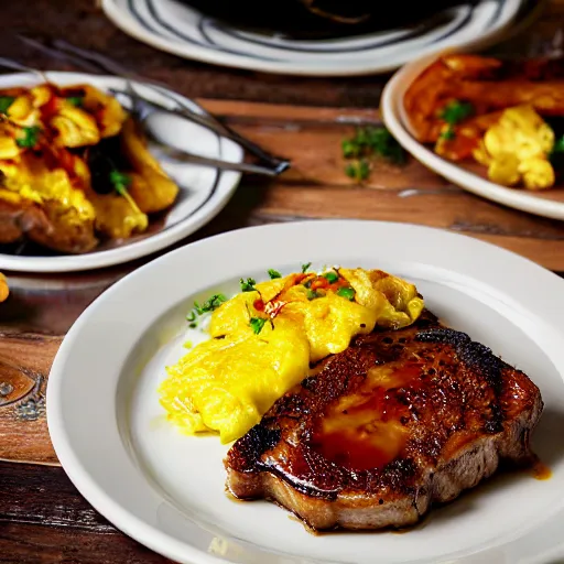 Image similar to caramelized pork chops and omelette, professional food photography in fancy restuarant