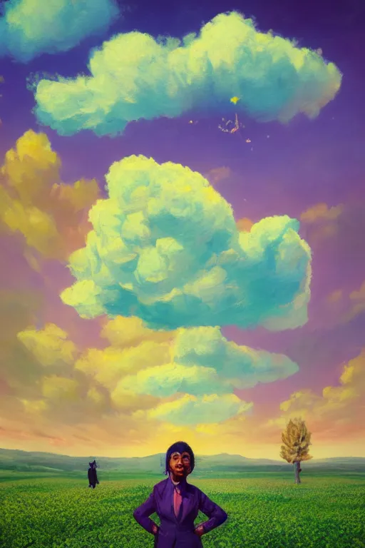 Image similar to portrait, giant lilac flower as head, black woman in suit in heather field, surreal photography, golden hour, colorful clouds, impressionist painting, digital painting, artstation, simon stalenhag