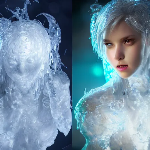 Image similar to portrait of a ice sprite, ice, dark, white glowing background lighting, hyper detailed, fairy tale, 4 k octane render