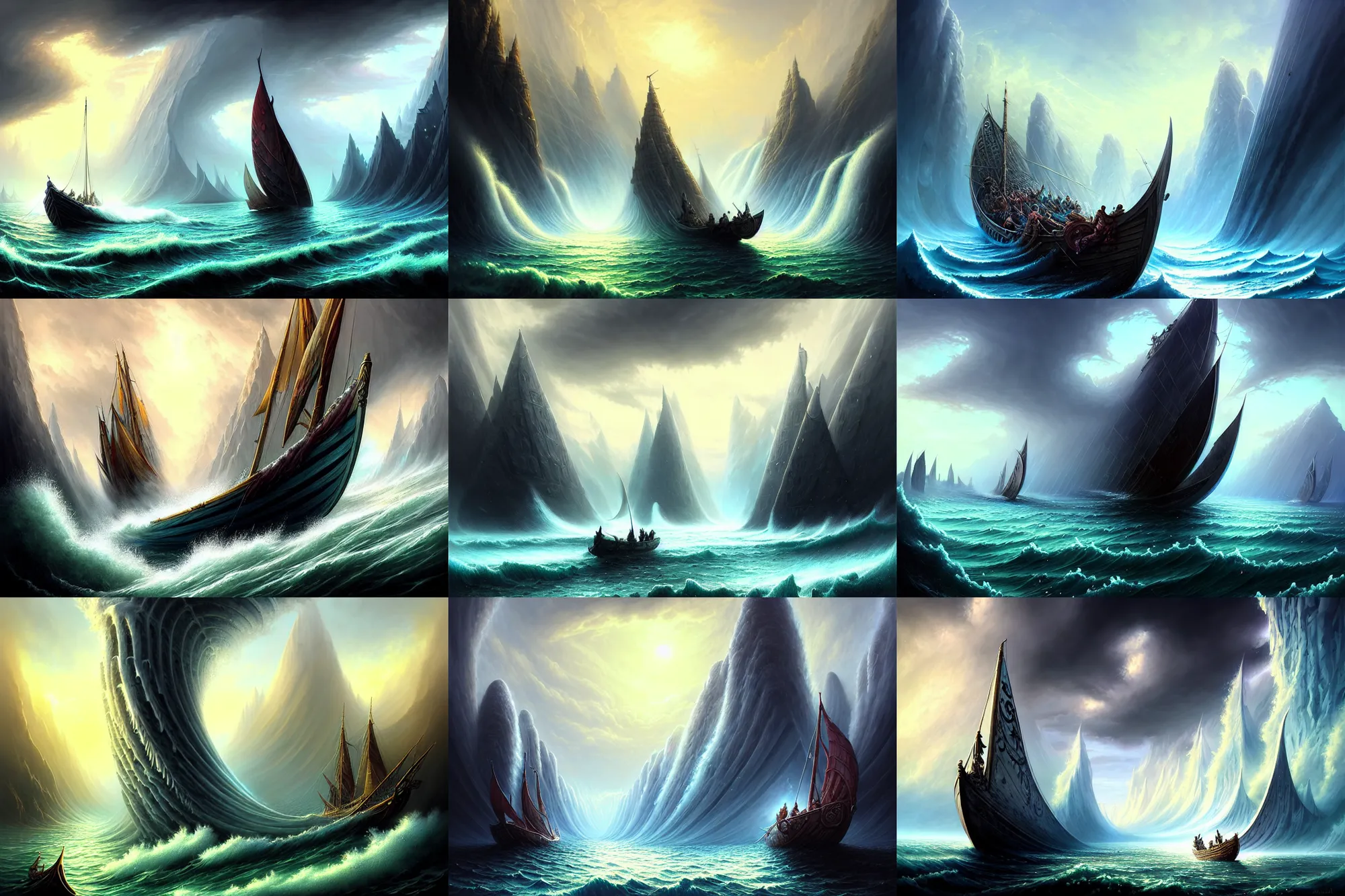 Prompt: a beguiling epic stunning beautiful and insanely detailed matte painting of a boat arriving at the great gates of valhalla by cyril rolando and asher durand and raymond swanland, masterpiece, grand, imaginative, whimsical, epic scale, intricate details, sense of awe, elite, wonder, insanely complex, masterful composition, sharp focus, fantasy realism, dramatic lighting, luminous lighting