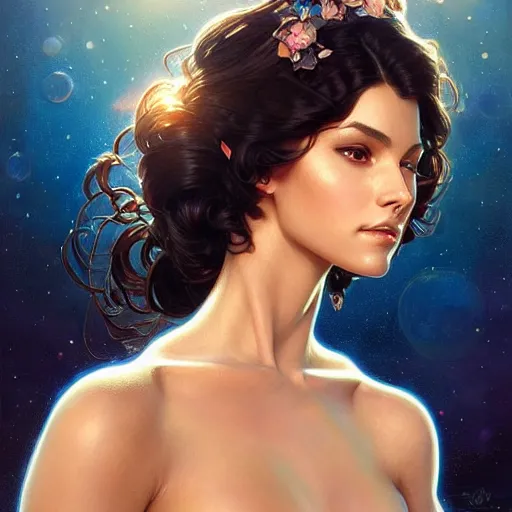 Image similar to Portrait of very very very very very very beautiful Latina woman, spacesuit, blue eyes, intricate, elegant, highly detailed, digital painting, artstation, concept art, smooth, sharp focus, illustration, art by artgerm and greg rutkowski and alphonse mucha