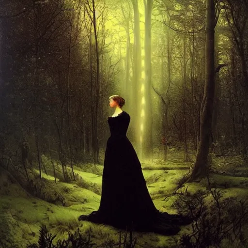 Image similar to A beautiful victorian woman, night, gothic dress, flowing hair, oil painting, portrait, magical forest, , glow, dramatic lighting, dramatic light, masterpiece, high detail, long shadow, amazing composition, detailed, painted by Caspar David Friedrich