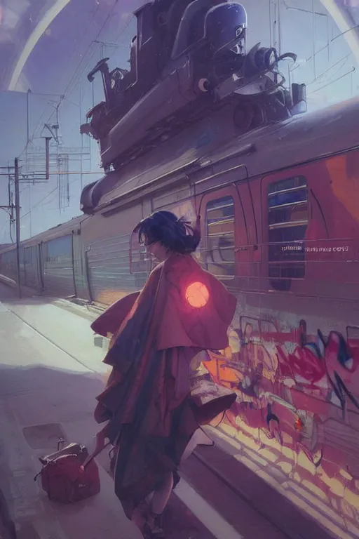 Image similar to trains covered in graffiti, greg rutkowski, and moebius and loish and artgerm, painterly, illustration, sunset lighting, beautiful artist rendering, gorgeous