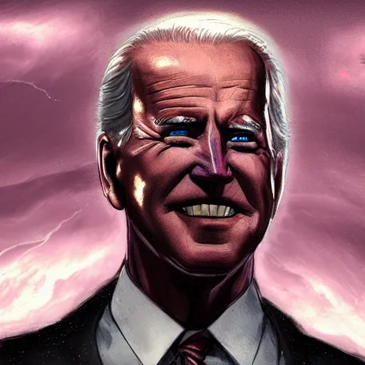 Prompt: Huge, Bellowing Joe Biden with glowing eyes, thunderstorm. Fantasy concept art, best of ArtStation