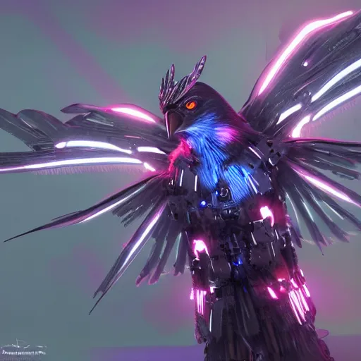 Prompt: birds in glowing cybernetic battle armor, photorealistic