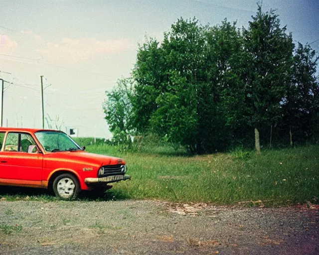 Image similar to a lomographic photo of old lada 2 1 0 7 standing in typical soviet yard in small town, hrushevka on background, cinestill, bokeh