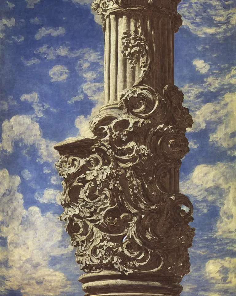 Image similar to achingly beautiful painting of intricate ancient roman corinthian capital on brilliant sapphire background by rene magritte, monet, and turner. giovanni battista piranesi.