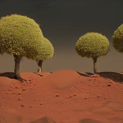 Image similar to mars surface with trees, 8 k, octane render, high details