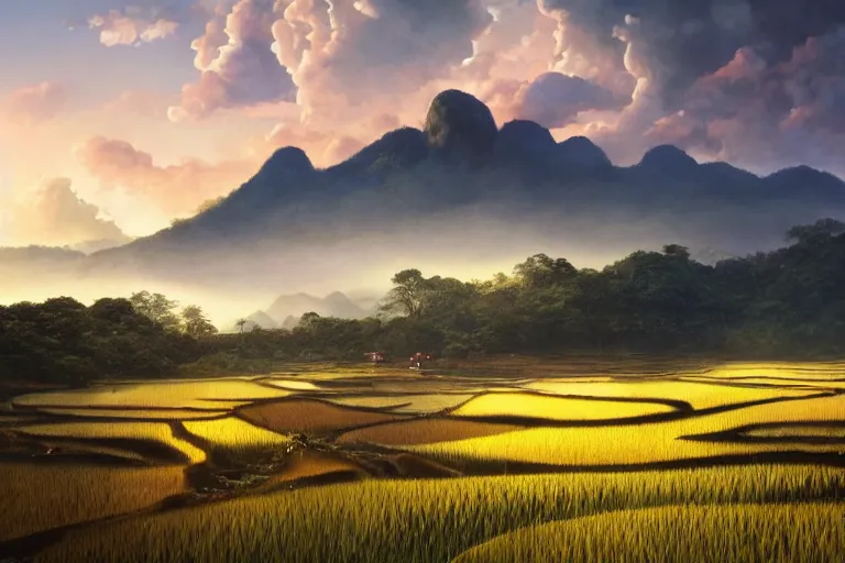 Image similar to a beautiful landscape illustration of Gunung Jerai, Yan, Malaysia with a paddy field, dramatic sky, cinematic lighting, wide angle, sunrise, award winning, 8K realistic art by artgerm and greg rutkowski and alphonse mucha