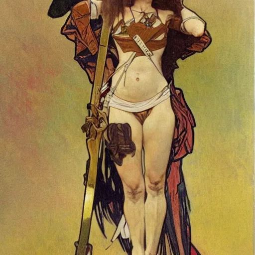 Prompt: female fighter, war paint, sword, painted by alphonse mucha