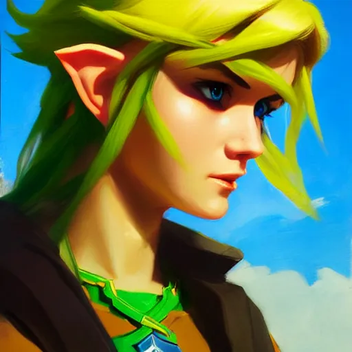 Image similar to portrait of a female Link from legend of Zelda, medium shot, asymmetrical, profile picture, Organic Painting, sunny day, Matte Painting, bold shapes, hard edges, street art, trending on artstation, by Greg Manchess and Huang Guangjian and Gil Elvgren and Sachin Teng