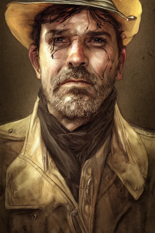 Prompt: portrait, headshot, digital painting, 50's adventurer, middle aged, wrinkled, dark hair, fedora, stained dirty clothing, leather jacket, realistic, hyperdetailed, concept art, chiaroscuro, orientalism Waterhouse style