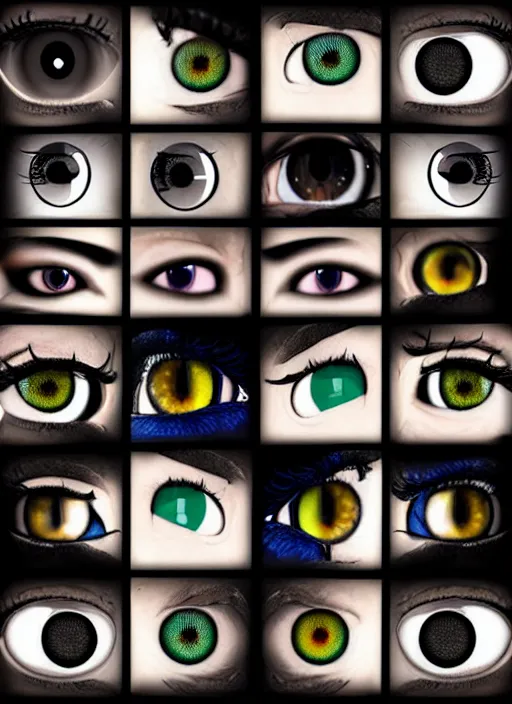 Image similar to grid montage of cube shaped eyes cubes, square shaped black dilated pupils cubes, cube shaped irises, detailed colored textures, lashes, advanced art, art styles mix, wet reflections in square eyes, sunshine light, hd macro photograph, from side, various eyelid positions, square black pupil centered