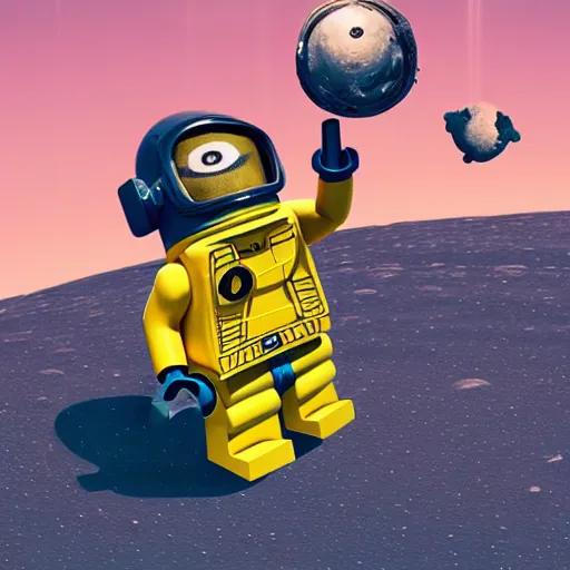 Image similar to lego minion astronaut on the moon by goro fujita by filip hodas and beeple, realism, sharp details, cinematic, highly detailed, digital, 3 d, yellow colors