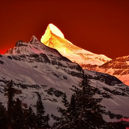 Image similar to a photo at nighttime of llumination of the matterhorn in the colors of indian flag, projected illuminated on the matterhorn mountain at night