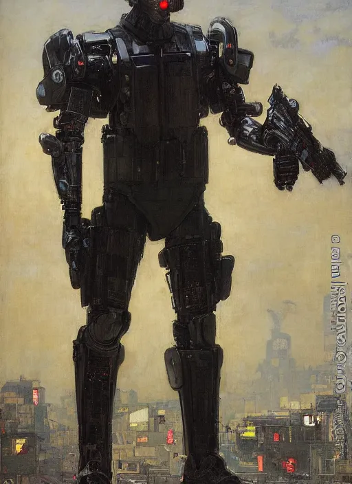 Image similar to Sgt Eliezer Grim. Menacing Cyberpunk policeman carrying machine pistols, wearing a combat vest and towering with robotic stilt legs. (dystopian, police state, Cyberpunk 2077, bladerunner 2049). Iranian orientalist portrait by john william waterhouse and Edwin Longsden Long and Theodore Ralli and Nasreddine Dinet, oil on canvas. Cinematic, vivid colors, hyper realism, realistic proportions, dramatic lighting, high detail 4k