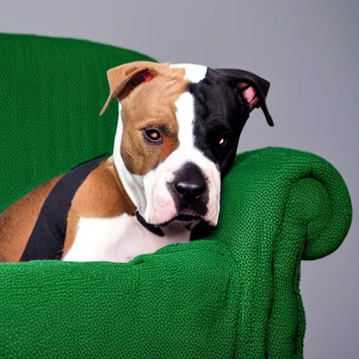 Prompt: American Staffordshire terrier wearing a green sweater, sitting on a sofa, 8k