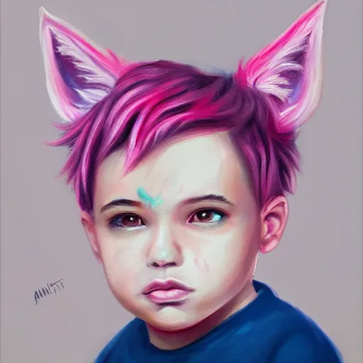 Image similar to a painting of a cute boy with pink hair and pink wolf ears, artstation, artistic, highly detailed