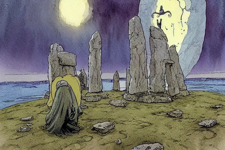 Image similar to a realistic and atmospheric watercolour fantasy concept art of a ufo landing in a floating stonehenge. one dirty medieval monk in grey robes is on his knees praying to the ufo. muted colors. by rebecca guay, michael kaluta, charles vess and jean moebius giraud