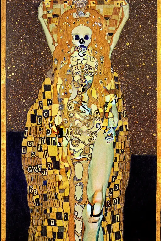 Image similar to skeleton queen, symbolism paintimg of vienna secession movement. in gustav klimt style 1 9 0 1, judith and the head of holofernes