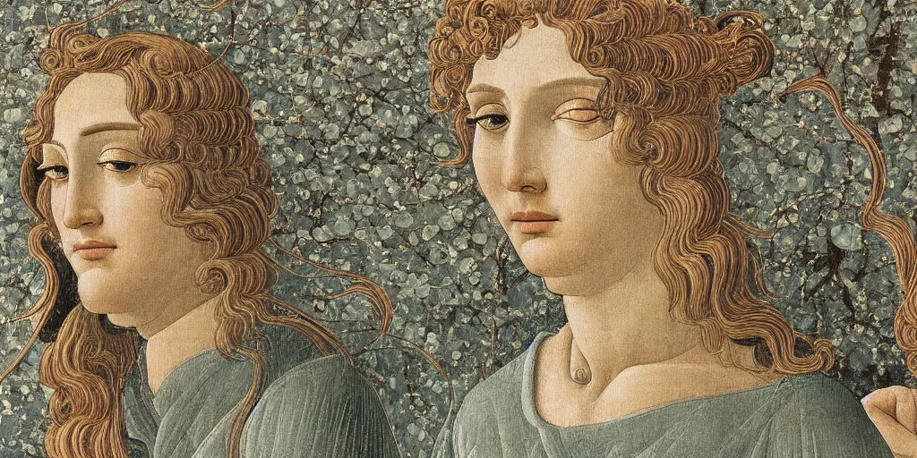 Image similar to Detail of the painting Venus by Botticelli made from layers of technical drawings and architectural plans, very detailed and intricate with callout texts, leaders, arrows and bubbles