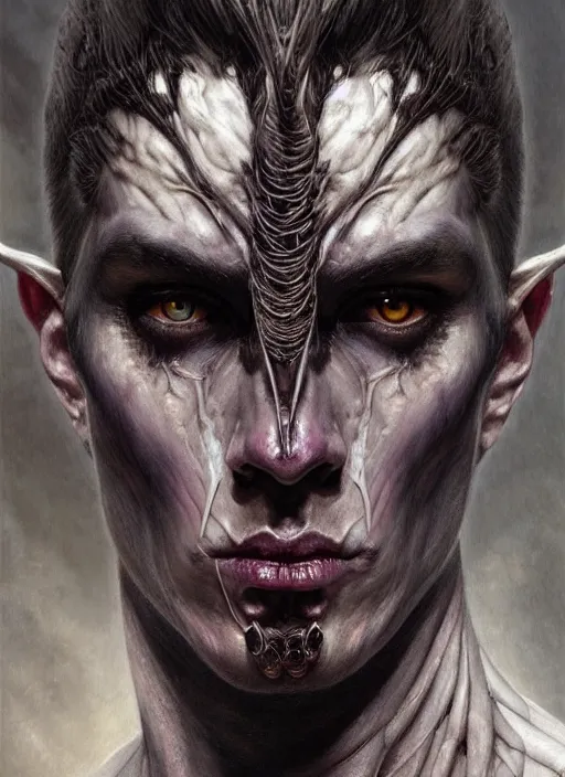 Prompt: half demon half human man intricate skin pattern texture, elegant, peaceful, playful full body, white horns, hyper realistic, extremely detailed, dnd character art portrait, dark fantasy art, intricate fantasy painting, dramatic lighting, vivid colors, deviant art, artstation, by edgar maxence and caravaggio and michael whelan and delacroix.
