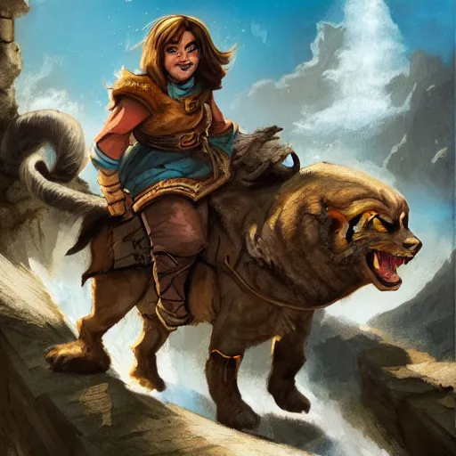 Image similar to D&D art of a rogue halfling with hairy feet, riding on top of a panther through waterdeep, sunny afternoon