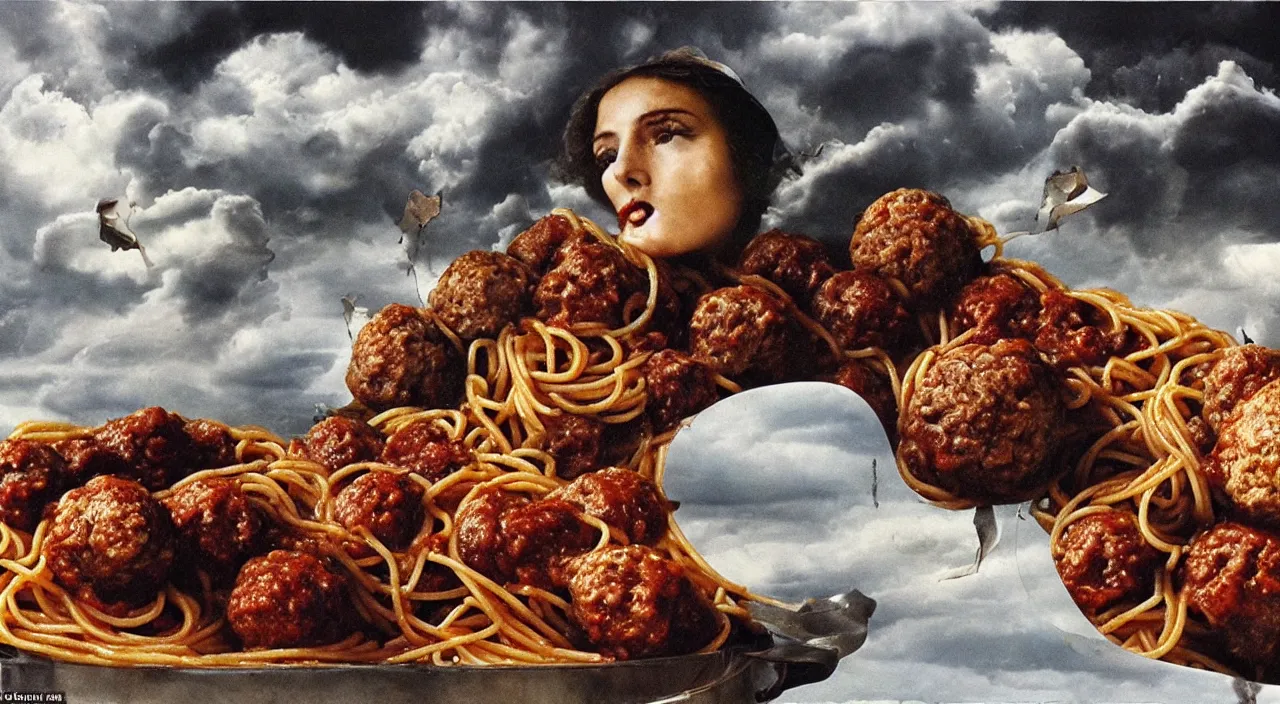 Prompt: perfect woman bodies inside spaghetti bolognesa with meatballs and hundred rusted perfect woman bodies flying in stormy clouds by dali, hyper - realism