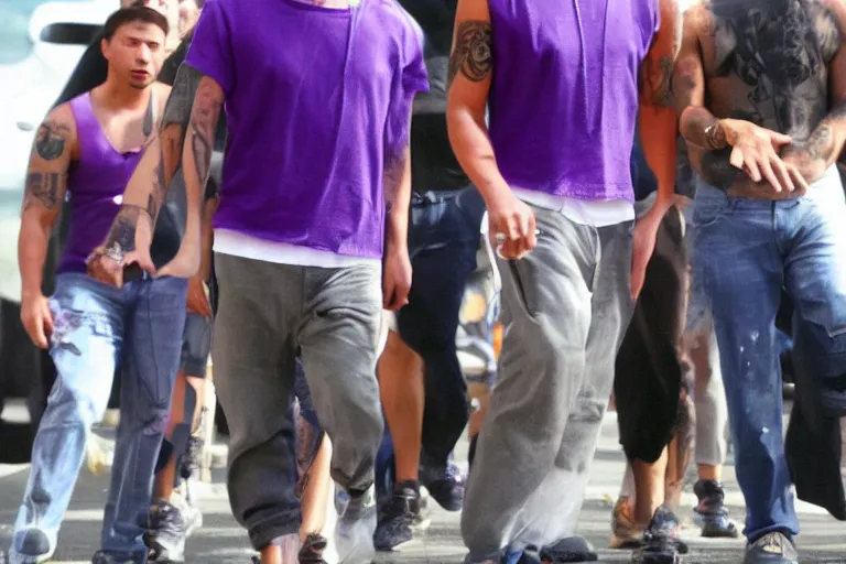 Prompt: medium full shot of leonardo dicaprio as a gang member wearing a purple head covering made from a polyester or nylon material and a stained white tank top caught sliding on a opp, arms covered in gang tattoo, paparazzi, leaked footage, uncomfortable, bad quality