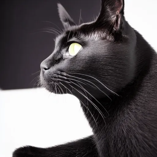 Prompt: studio photograph of a highly intelligent black cat sitting in a white room