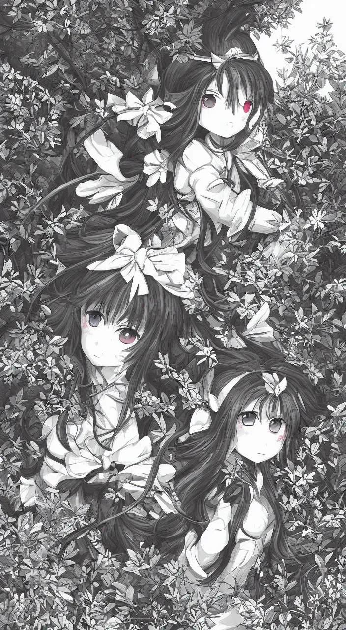 Image similar to Reimu Hakurei walking in the night forest, highly detailed illustration