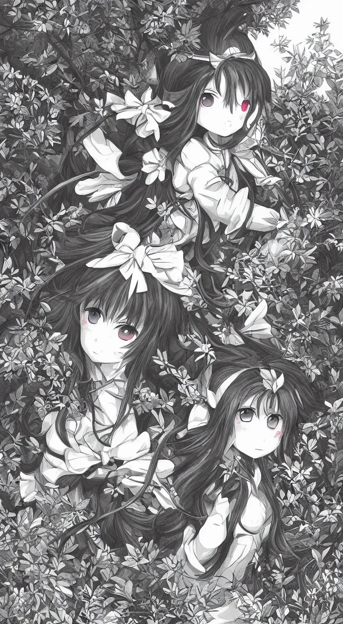 Prompt: Reimu Hakurei walking in the night forest, highly detailed illustration