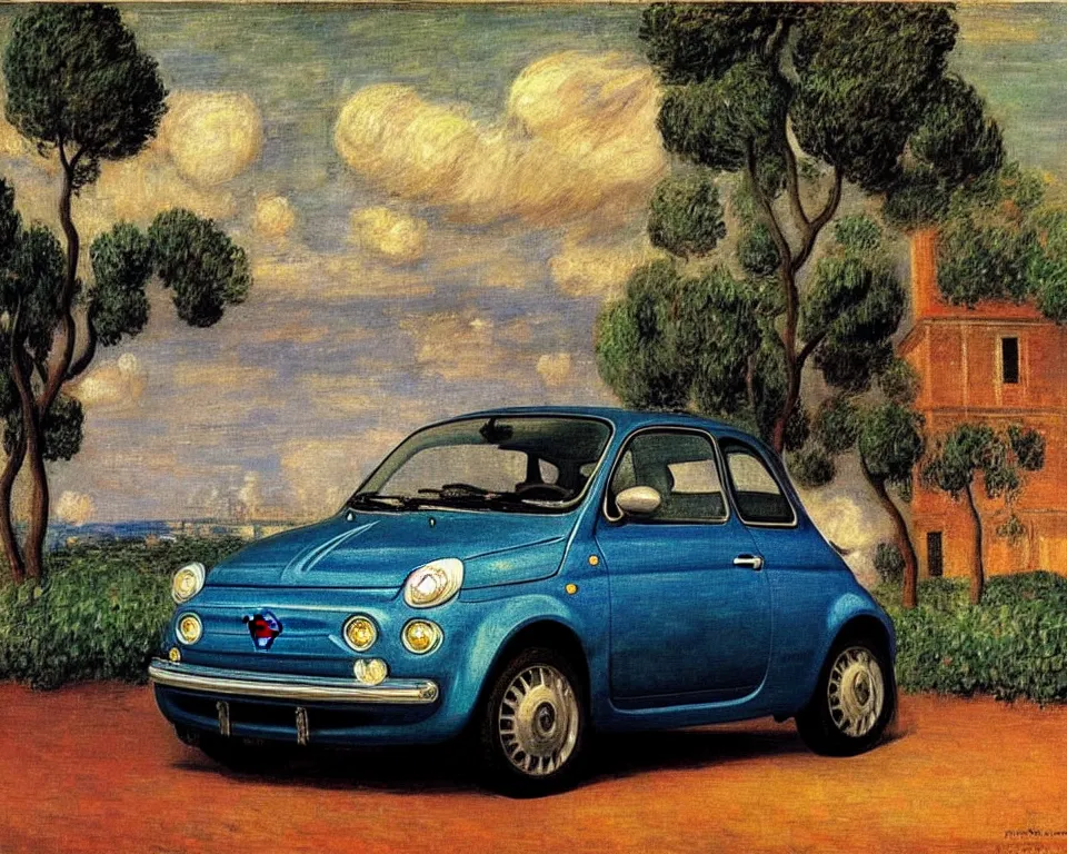 Prompt: achingly beautiful painting of a fiat 5 0 0 abarth by rene magritte, monet, and turner. whimsical.