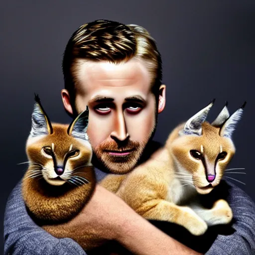 Image similar to Ryan Gosling holds a caracal cat in his hands, ultra highly detailed, smooth, sharp focus, elegant, artstation