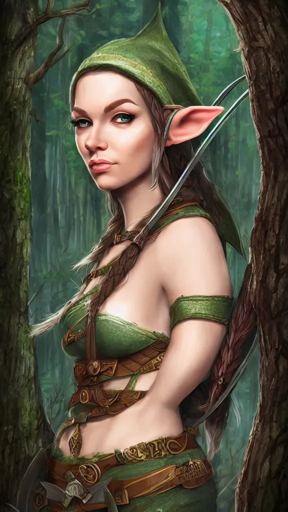 Prompt: beautiful strong female elf archer portrait, magical forest background, trending on artstation, award - winning