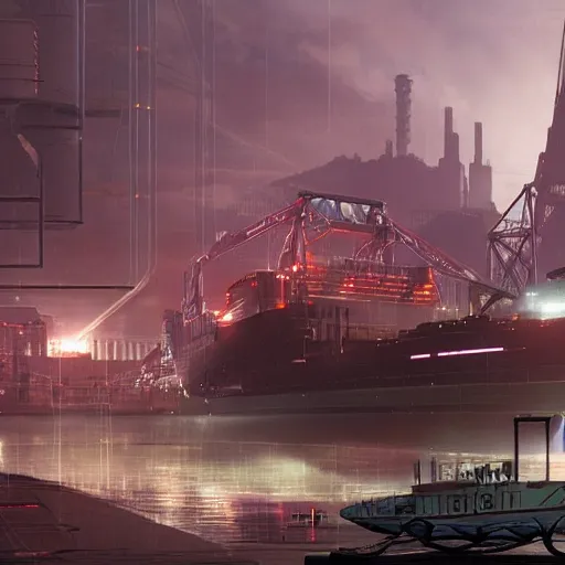 Image similar to Immense industrial futuristic cargo ship arrives at cyber punk city sea port, cinematic lighting, concept art