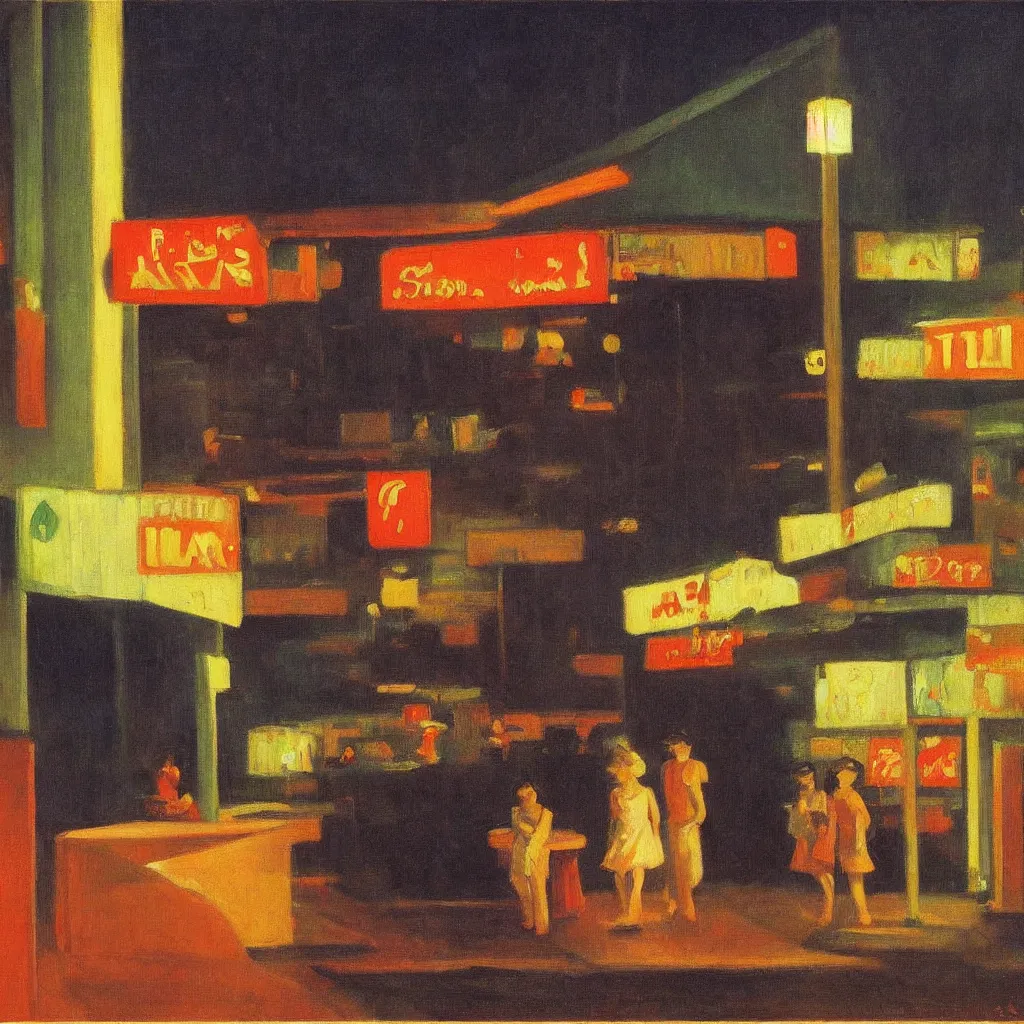 Prompt: singapore night scene, painted by edward hopper