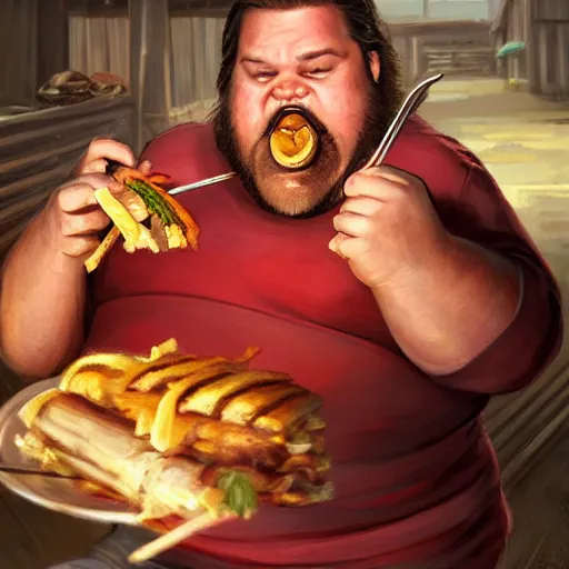 Image similar to portrait of a half fatman half pig eating kebab with long hair tied in a ponytail, light stubble with red shirt ,digital art,photorealistoc,art by greg rutkowski,hyperdetailed,western comic style,comic,comic style,sharp lineart,professional lighting,deviantart,artstation,trevor henderson,rossdtaws,cinematic,dramatic