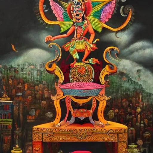 Image similar to a painting of a demon sitting on top of a chair, a detailed painting by ram chandra shukla, pixiv contest winner, bengal school of art, detailed painting, maximalist, art on instagram