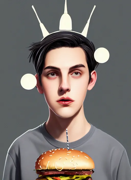 Image similar to portrait of teenage jughead jones wearing a light grey crown, crown, eating hamburger, eyes closed, crown, black hair, intricate, elegant, glowing lights, warm lighting, highly detailed, digital painting, artstation, concept art, smooth, sharp focus, illustration, art by wlop, mars ravelo and greg rutkowski