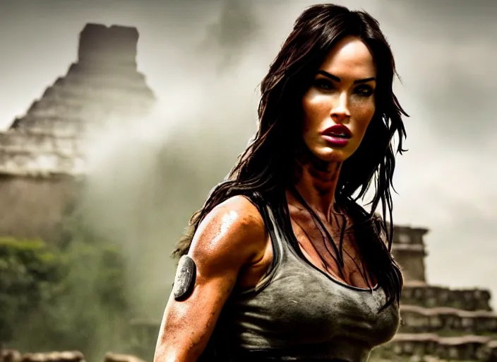 Image similar to film still of!!!! megan fox!!! as lara croft in new tomb raider movie, closeup portrait, exploring inside of aztec temple, action pose, dramatic lighting, octane, mist, volumetric lighting, 8 k