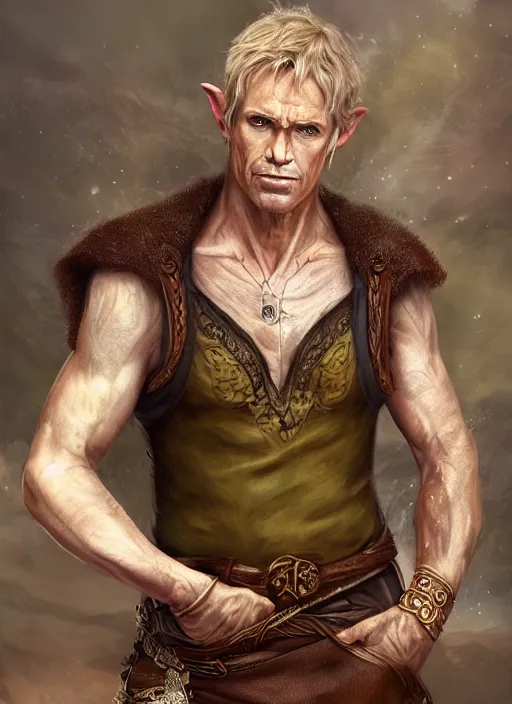 Prompt: a relaxed malehalf elf middle aged druid in a sleeveless west, brown short hair, strong, full body, 8 k, hyperrealistic,, hyperdetailed, fantasy portrait by laura sava