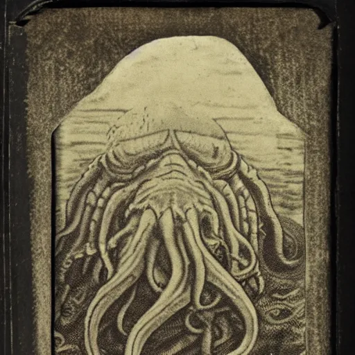 Image similar to a daguerreotype of cthulhu rising from the ocean