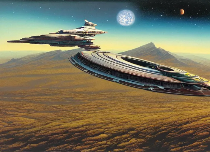 Image similar to a spaceship in a stunning landscape by peter elson