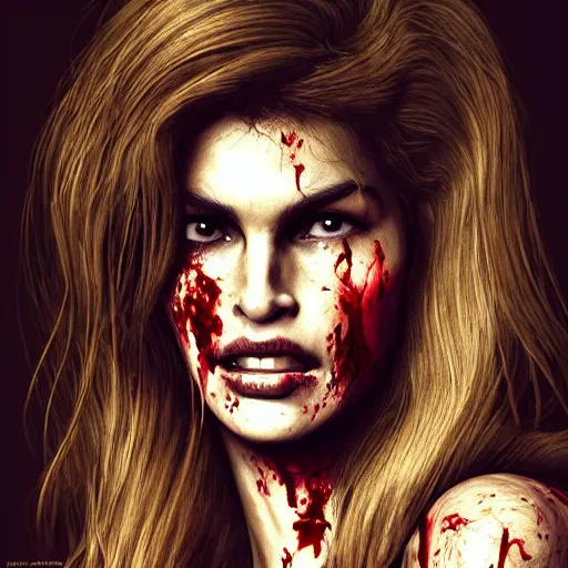 Image similar to portrait of young cindy crawford as a zombie with blood on face, 7 days to die zombie, strong golden rimlight, fine art, award winning, intricate, elegant, sharp focus, cinematic lighting, highly detailed, digital painting, 8 k concept art, art by guweiz and z. w. gu, masterpiece, trending on artstation, 8 k