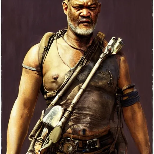 Image similar to Epic Masterpiece action shot of Lawrence Fishburne as Immortan Joe in Mad Max: Fury road (2015), drawn by Donato Giancola and Tom Bagshaw, Edmund Leighton, Alphonse Mucha, 4k, volumetric lighting, komorebi, trending on artstation, octane render, hyperrealistic