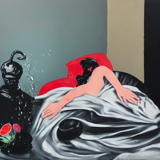 Image similar to empty room with black walls, sensual portrait of a woman sleeping, japanese vase, old flowers, puddle of water, octopus, squashed berries, neo - expressionism, surrealism, acrylic and spray paint and oilstick on canvas