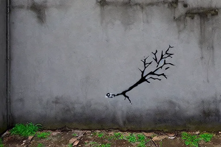 Prompt: abstract wall painting of nature landscape, grey grunge wall rule of thirds, art by banksy